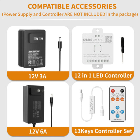 Compatible accessories for COB LED Strip Light 12V 18ft 5.5m Ultra Bright Warm White 3000K 2772 LEDs 93 CRI Flexible Rope Light
