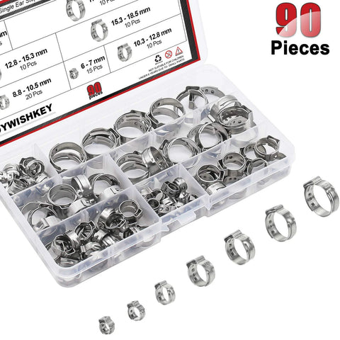 DYWISHKEY 90-piece stainless steel single-ear hose clamps kit, 6–21mm, angled front view.
