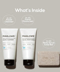 Mens 3 Piece Skincare Set With Exfoliating Scrub Bar Purifying Facial Cleanser And Hydrating Facial Moisturizer Vegan Grooming Essentials Great Gift For Men on display with cleanser, moisturizer tubes, and scrub bar.