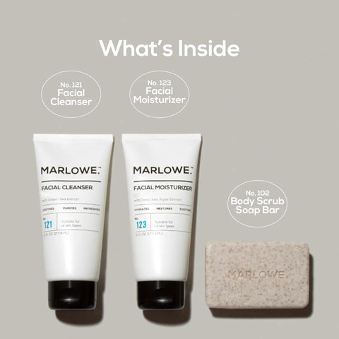 Mens 3 Piece Skincare Set With Exfoliating Scrub Bar Purifying Facial Cleanser And Hydrating Facial Moisturizer Vegan Grooming Essentials Great Gift For Men on display with cleanser, moisturizer tubes, and scrub bar.