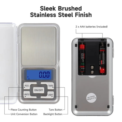 Compact Digital Pocket Scale With 500G Capacity And 0.01G Precision In A Stainless Steel Panel Easy To Read LCD Display