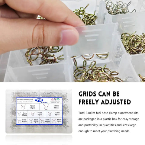 Heavy Duty Spring Hose Clamps Kit 310 Pieces assorted in an adjustable plastic box for organized storage.