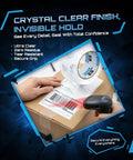 Heavy Duty Packing Tape Refills 12 Pack, 2.7 Mil Clear Packaging Tape on box with barcode, scanner in hand, text overlay