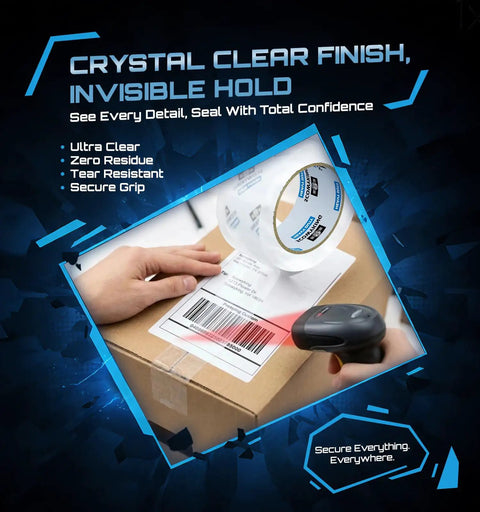 Heavy Duty Packing Tape Refills 12 Pack, 2.7 Mil Clear Packaging Tape on box with barcode, scanner in hand, text overlay