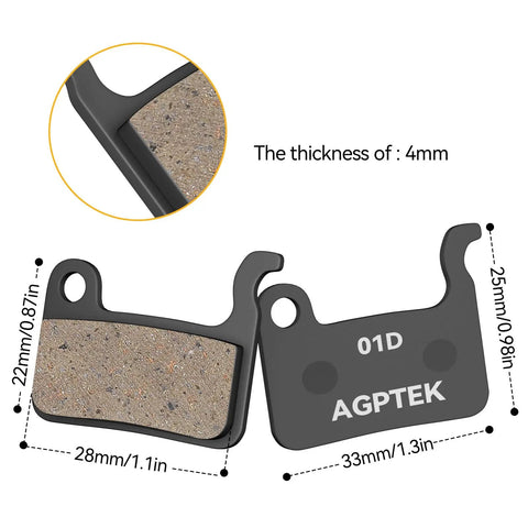 High Performance Mountain Bike Disc Brake Pad Set Four Pairs Quiet Resin And Brass Fiber For Superior Heat Dissipation And Low Noise Braking Compatible With Shimano Deore XT SLX Alfine Saint shown with measurements and 4mm thickness