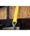 Beefy 2 Inch By 40 Foot Heavy Duty Ratchet Tie Down With J Hooks And Extra Long Handle securing hay bales on trailer