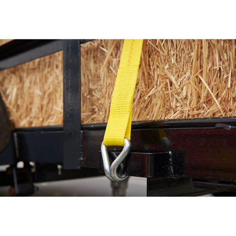 Beefy 2 Inch By 40 Foot Heavy Duty Ratchet Tie Down With J Hooks And Extra Long Handle securing hay bales on trailer