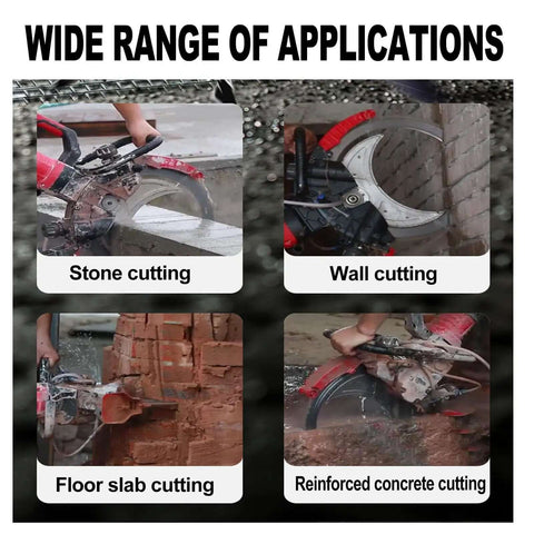 Wide range of applications showing heavy duty 16 inch electric concrete ring saw for stone, wall, floor slab, and reinforced concrete cutting.