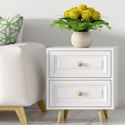White dresser with Gold Cabinet Knobs Set, Round Brushed Brass Zinc Alloy Hardware For Dresser Drawer Cupboard, 25 Pack installed