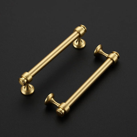 Six Pack Brushed Gold Aluminum Cabinet Handles With 5 Inch Center Hole Straight Bar Drawer Pulls on dark background