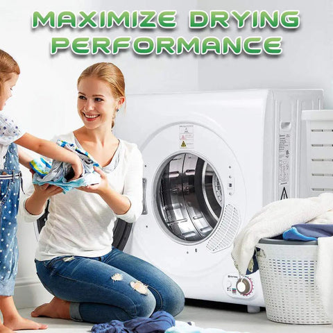 Woman using Pro Dryer Vent Cleaner Kit With Vacuum Hose Attachment And Lint Remover For Dryer Vents Sofas Crevices And Fridge Coils Easy To Use Removes Years Of Lint Helps Prevent Fires Blue next to a dryer.