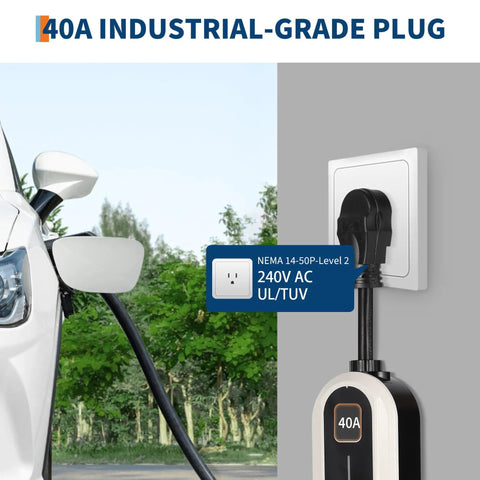 Plug And Play Level Two Ev Charger With Forty Amp Output And Built In Wifi, Includes A Nema 14 50 Adapter Plus Twenty Five Foot Cord For Hassle Free Charging Anytime You Are On The Move, in use with car and 240V outlet.