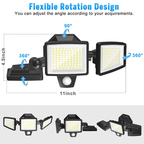 Motion Sensor Outdoor LED Light 2500LM Super Bright With Remote Control showing adjustable 360° and 90° rotation angles
