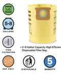 High Efficiency Disposable Vacuum Filter Bags For 5 To 8 Gallon Wet Dry Vacuums, yellow filter bag with easy swap design.