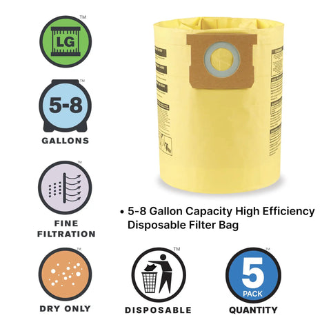 High Efficiency Disposable Vacuum Filter Bags For 5 To 8 Gallon Wet Dry Vacuums, yellow filter bag with easy swap design.