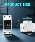 Smart Two Pole Sixty Three Amp Circuit Breaker With Adjustable Over Under Voltage And Over Current Protection Auto Reset Din Rail Mount displayed with size details.