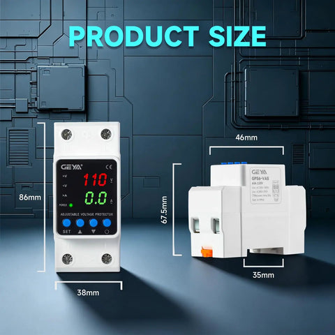 Smart Two Pole Sixty Three Amp Circuit Breaker With Adjustable Over Under Voltage And Over Current Protection Auto Reset Din Rail Mount displayed with size details.