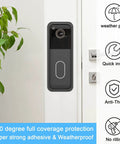 Adhesive Mount for Second Gen Video Doorbell No Drill Mounting Bracket shown installed on a door with weatherproof features.
