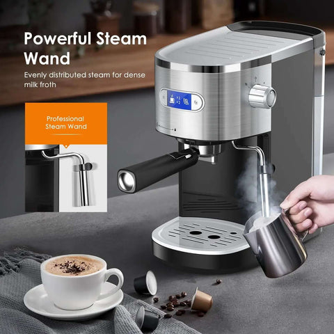 20 Bar Commercial Espresso Machine With Milk Frother And Steam Wand on kitchen counter, making cappuccino.