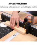 Woodworker using Premium Precision Miter Gauge With Heavy Duty Miter Fence And Repeat Cut Flip Stop for safe operations on wood.