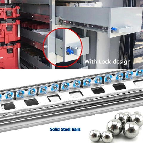 Heavy Duty Full Extension Drawer Slides With Locking Mechanism, 850mm length shown with solid steel ball bearings and detachable lock design