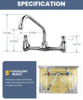 Built Tough Commercial Sink Faucet With Eight Inch Swivel Spout And Dual Brass Handles For Laundry Or Restaurant Setup Featuring No Sweat Install And Slick Chrome Finish dimensions and 360° rotation detail