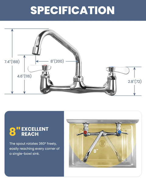 Built Tough Commercial Sink Faucet With Eight Inch Swivel Spout And Dual Brass Handles For Laundry Or Restaurant Setup Featuring No Sweat Install And Slick Chrome Finish dimensions and 360° rotation detail
