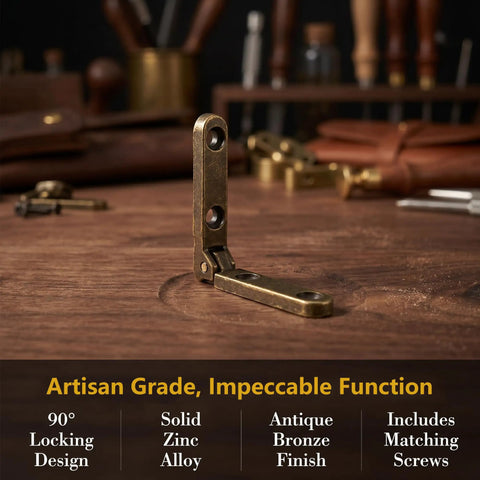 Mini Hidden Box Hinges Set For Jewelry Boxes And Small Chests 90 Degree Zinc Alloy Hardware bronze finish on wood table