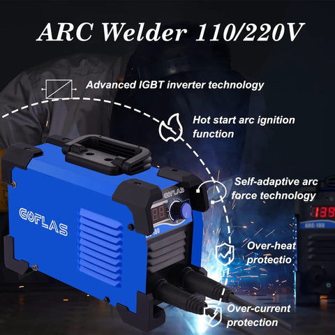 180 Amp Stick Arc Welder Dual Voltage 110 220 Volt Inverter Welder, highlighting advanced IGBT technology, blue casing