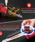 Close-up of the 2-In-1 Cordless Pole Saw And Chainsaw showing 8-inch head with auto oiling and tool-free adjusting knob features.