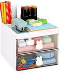 Compact Desk Organizer With Drawer And Divided Compartments For Pens Pencils Cards Phone Clips Markers Sticky Notes And Makeup Accessories Ideal Office School And Home White