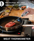 Digital thermometer from 15 Piece Heavy Duty Stainless Steel Grill Tool Set With Long Sixteen And A Half Inch Spatula, Fork, Tongs, Basting Brush, Cleaning Brush, Skewers, Corn Holders, Thermometer And Carry Bag For Backyard Barbecues Cookout Ready measuring temperature of meat in pan on stove.