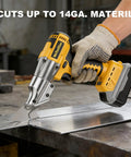 WeToolGoo Cordless Brushless Metal Shears For Dewalt 20V Max Cutting Up To 14 Gauge Steel and Stainless Sheet With 500Nm Torque in use.