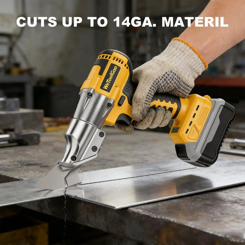 WeToolGoo Cordless Brushless Metal Shears For Dewalt 20V Max Cutting Up To 14 Gauge Steel and Stainless Sheet With 500Nm Torque in use.