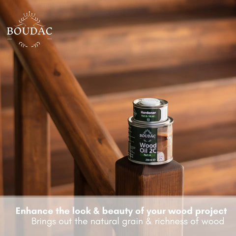 Top Shelf Two Component Hardwax Wood Oil For Indoor DIY Dead Simple One Coat Finisher VOC Free Linseed Mix Solid Black Tint For Furniture And Floors That Glides On Sleek In A 300 Ml Jar on a wooden railing.