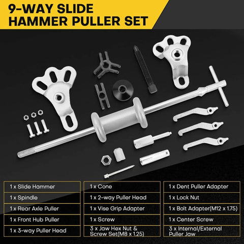 Nine Way Two Thirds Jaw Bearing Hub Gear Seal Remover Tool And Nineteen Piece Heavy Duty Slide Hammer Puller Kit displayed on table