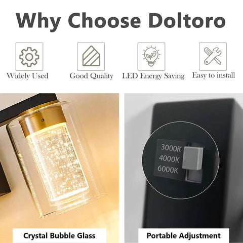 Dope Gold And Black 3 Light Vanity Light With Crystal Bubble Glass Dimmable LED Color Temperature Adjustable 3000K 4000K 6500K