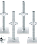 Heavy Duty Adjustable Leveling Jacks With Base Plate For Baker Scaffold System, pack of 4 galvanized steel jacks with threaded height adjustment.