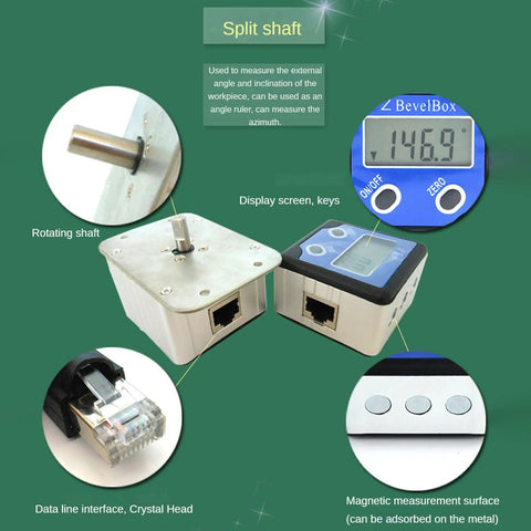 Top Tier Digital Angle Gauge With Slick Rotating Shaft And Bullseye Zero Point One Degree Resolution Featuring Split Magnetic Sensor for precise measuring.