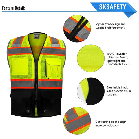 Pro Grade 10 Pocket Hi Vis Safety Vest With Zipper For Real Work Durability Class 2 High Visibility Reflective Strips ANSI ISEA 107 2020 Type R Lime Black 2XL displaying features like polyester mesh and reflective strips