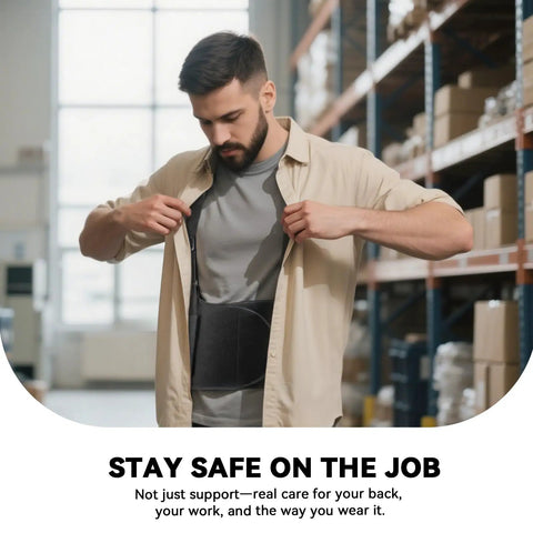 Man adjusting shirt over adjustable lower back support belt for heavy lifting and pain relief in warehouse setting.