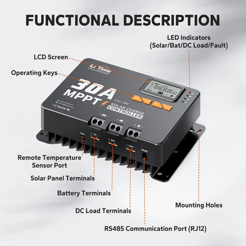 30 Amp MPPT Solar Charge Controller With Built In Bluetooth And LCD Display Auto 12V 24V Input LED Indicators and ports visible