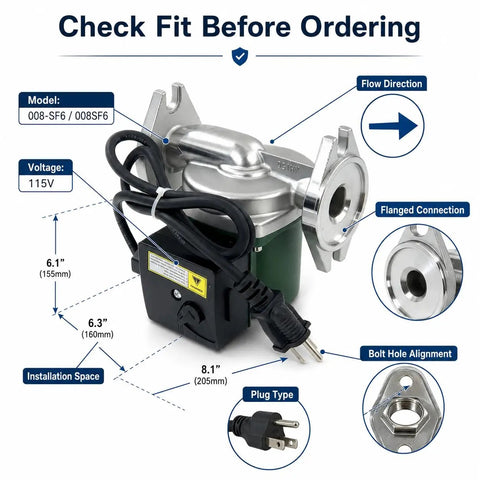 Badgeass Heavy Duty Hot Water Circulator Pump Compatible With 008 Sf6 Models For Hydronic Heating Systems Stainless Steel 115 Volt Replacement with flanged connection and compact dimensions.