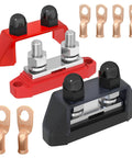 Straight Up Heavy Duty 250A Power Distribution Block 12V DC Bus Bar Featuring Dual Three Eighth Inch Stainless Steel Studs For Marine Boat And Solar Applications with connectors.