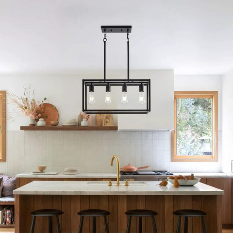 Black Farmhouse 4 Light Dining Room Chandelier With Rectangular Pendant Lights For Kitchen Island Modern Dope Adjustable Height Metal Lighting Fixture E26 Base