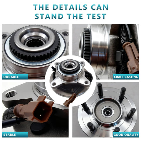 Close-up of 2 Pack Front Wheel Bearing Hub Assembly 515169 For Ford F-150 2015 2016 2017 4WD 6 Bolt ABS Sensor Wire Front Left Or Right Replacement Direct Fit OEM Style Design For 4X4 Vehicles showing various angles and features.