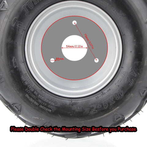 16x8-7 Go Kart Wheel Set With Silver Hubs, 3 Bolt Pattern, Black Tire, Measurement Guide Overlay