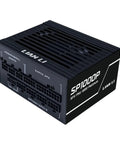 Platinum 1000W SFX Power Supply With Fully Modular Cables And Fanless Low Noise Mode For A Clean Pro Grade Build ATX 3.1 And PCIE 5.1 Compliance 105C Capacitors 10 Year Warranty Black in a black compact design showing connection ports and branding.