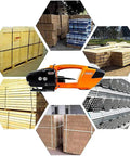 Portable Electric Strapping Machine For PP PET Steel Bands shown with wooden crates, boxes, and steel materials in logistics setting.