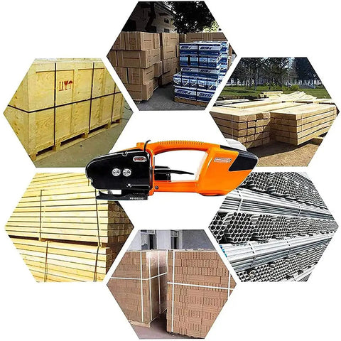 Portable Electric Strapping Machine For PP PET Steel Bands shown with wooden crates, boxes, and steel materials in logistics setting.